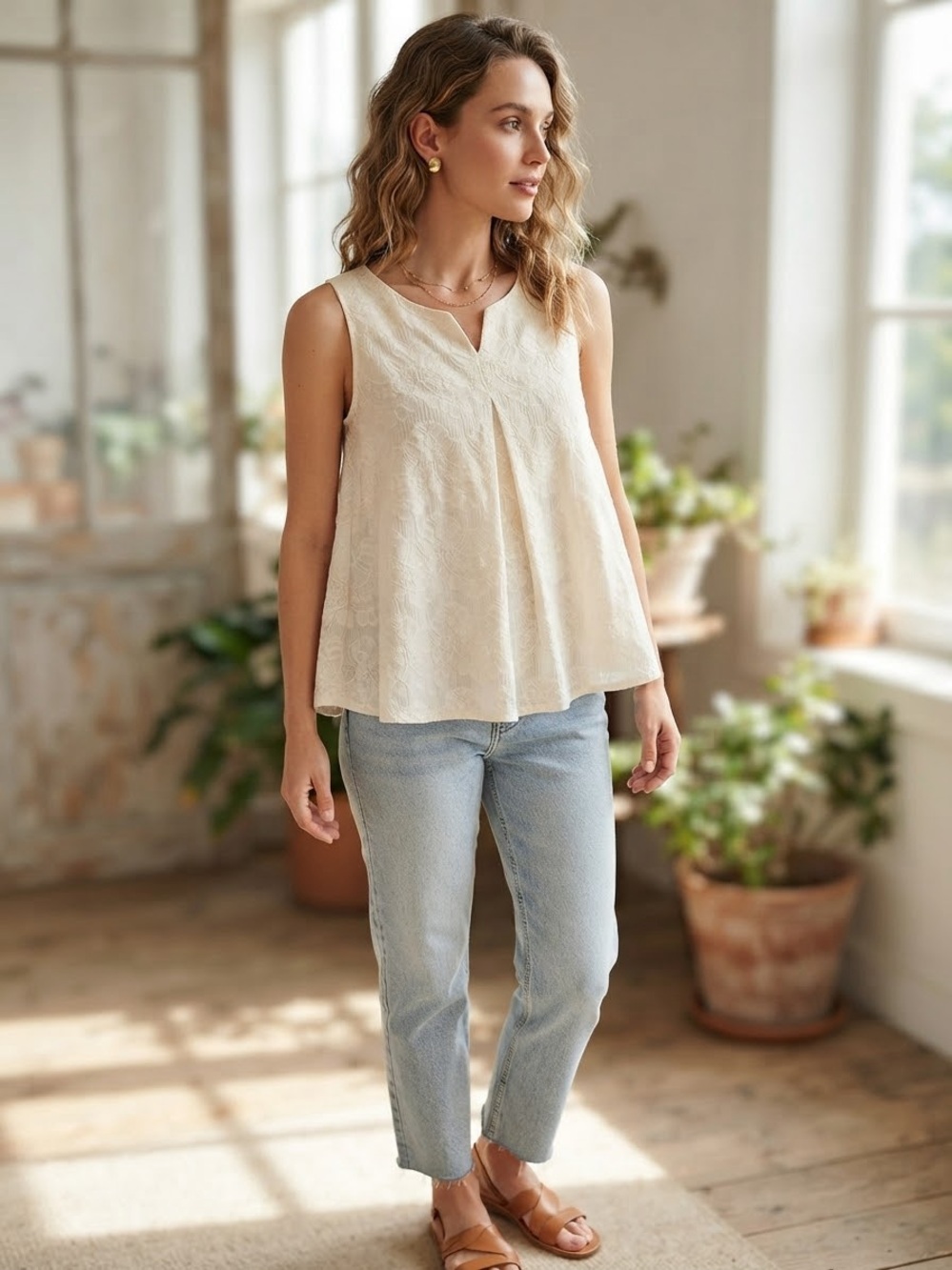 White Cream Lace Sleeveless Swing Top Boxy Textured Blouse Split Neck Boho - S